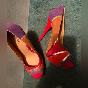 Women’s Colorblock Suede Peep-Toe Pumps - Purple/Red/Orange - Brand qupid